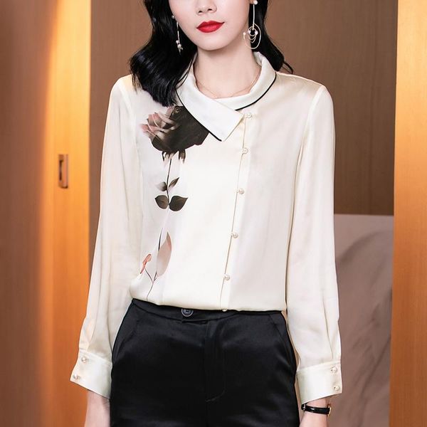

women's blouses & shirts natural real silk women shirt spring autumn elegant turn-down collar long sleeve loose office lady floral pri, White