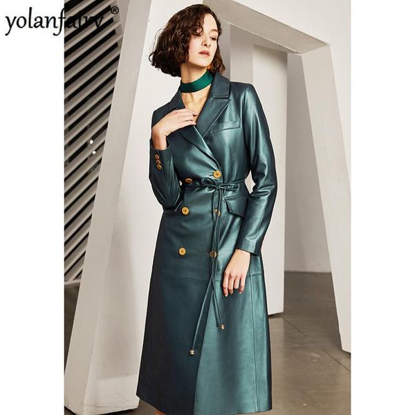 

women's leather & faux winter genuine jacket women long coats and jackets elegant sheepskin green cuero genuino d-e09234-py, Black
