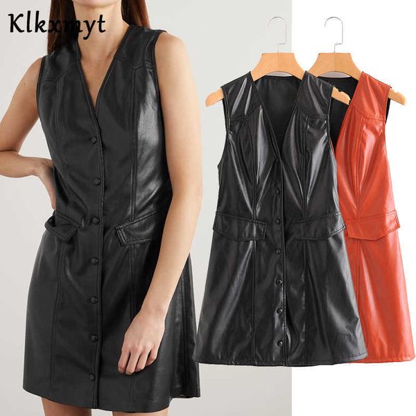 Klkxmyt Gilet Donna Moda Pu Gilet monopetto in pelle Vintage Tasche con scollo a V Capispalla femminile Chic Top 210527