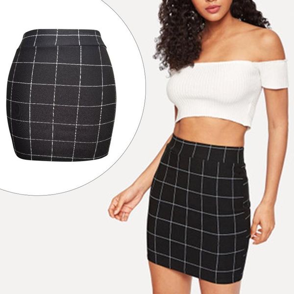 

skirts womail women fashion package hip plaid skirt european and american checkered pencil short mini 2021 mujer faldas, Black