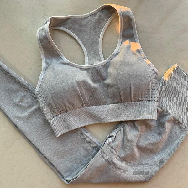 

yoga outfit gray sets 2 piece set striped women seamless workout fitness clothes for sports sport crop sports legging