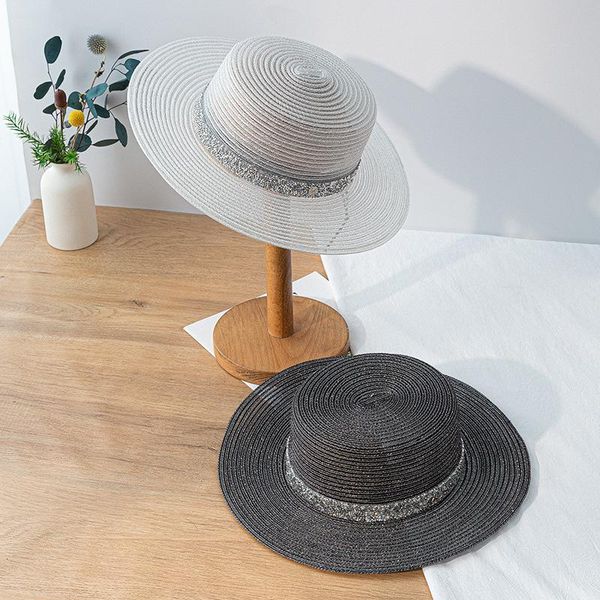 

women sun hats for wide brim beach side cap floppy female straw hat solid fringe summer, Blue;gray
