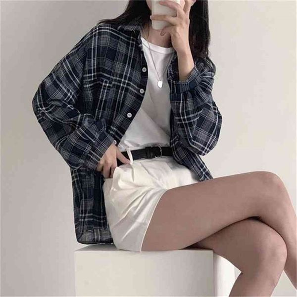 Camicia Oversize Donna Top Donna Manica lunga in cotone e lino Camicetta per bambina Autunno Camicette taglie forti Plaid Femme Blusas 210423