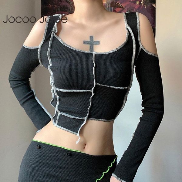 

women summer patchwork irregular y2k hollow slim strapless long sleeve t-shirt solid party club 210428, White