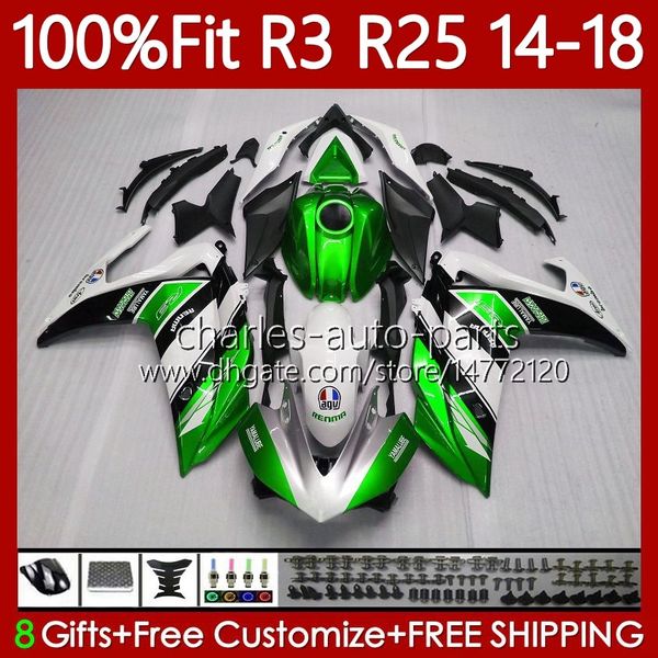 Fairings de OEM para Yamaha YZFR3 YZFR25 YZF R3 R3 R25 YZF-R25 2014 2015 2016 2017 2018 2016 2016 2018 Bodywork 102No.122 YZF R3 25 14 15 16 17 18 Branco Green YZF-R3 14-18 Injeção Molde Body Kit