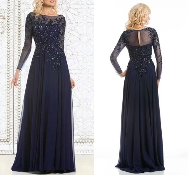 Mãe da Marinha Escura da Noiva Vestidos Glitter Lantejoulas Frisado Formal Vestidos De Partido Noite Piso Comprimento Uma Linha Chiffon Longo Mangas Mulheres Especial Ocasião Vestido AL9924