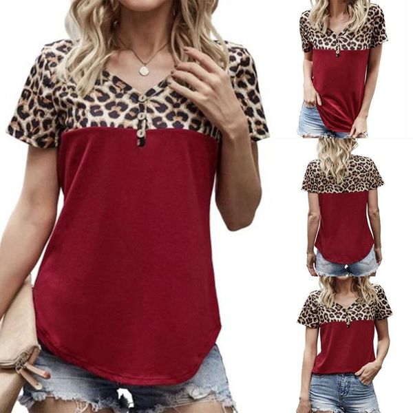 

women's t-shirt leopard print stitching button short sleeve wine red, White