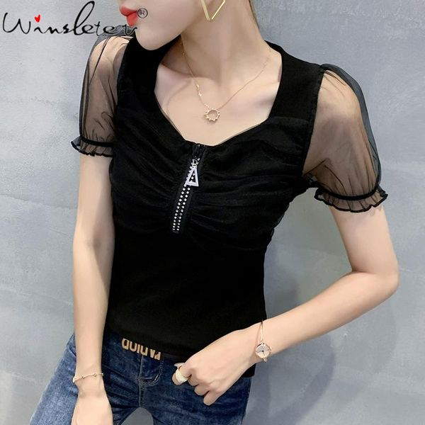

women's t-shirt summer european clothes cotton pullover fashion v-neck patchwork mesh women short sleeve tees 2021 t14807a, White