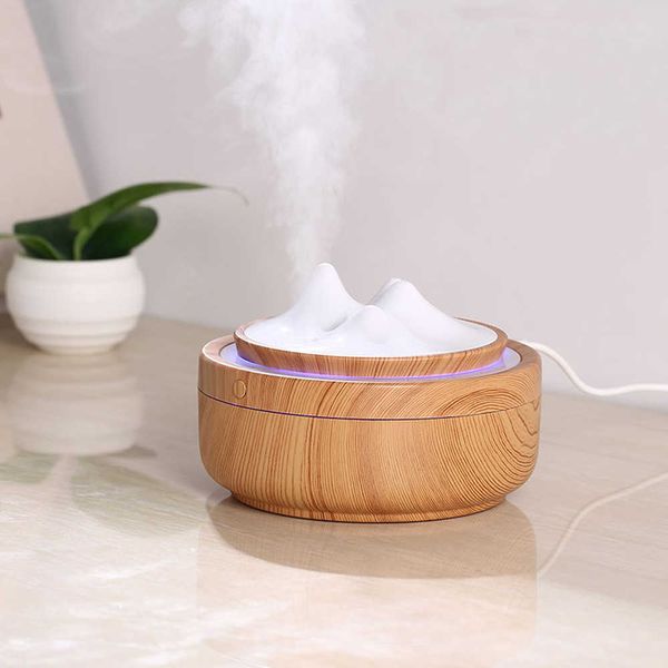 300 ml Luftbefeuchter USB Ultraschall Cool Mist Aroma Diffusor mit LED-Lampe Holzmaserung Mountain Maker Fogger Humidificador 210724