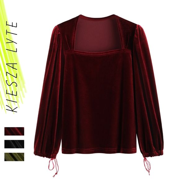 Mulheres Velvet Tops Tops Roxo Verde Preto Quadrado Coleira De Manga Longa T-shirt T-shirt Autunm Inverno Senhoras Blusa 210608