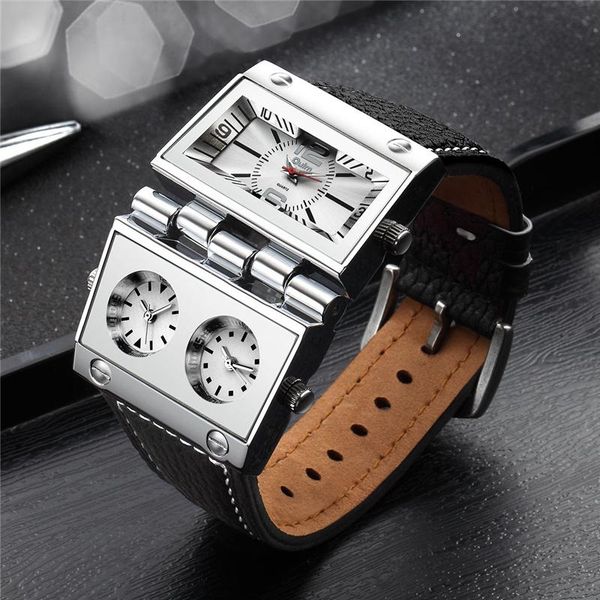 

wristwatches oulm big wristwatch male quartz watch 3 time zone unique design men's sport watches punk style man hours drop, Slivery;brown