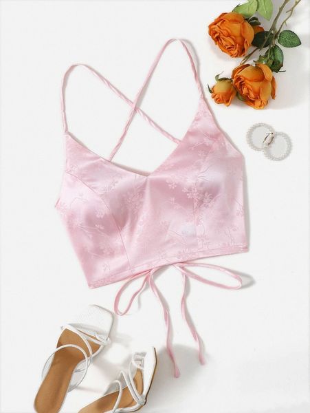 

satin lace up backless crop cami 38zy#, White