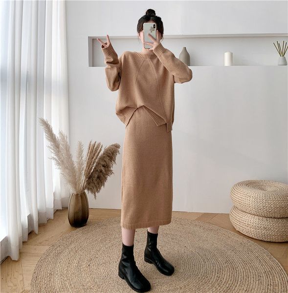 

casual autumn and winter female slit shirt temperament of two fashionable pieces the neck sweater skirt mesh set y1152 izwe, Black