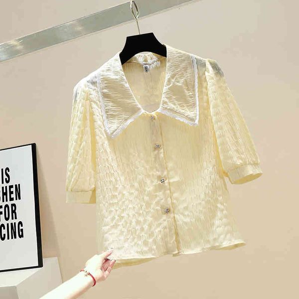 

suits pleated women blouse summer short sleeve doll collar chiffon shirt sweet girls shirts yellow top, White;black
