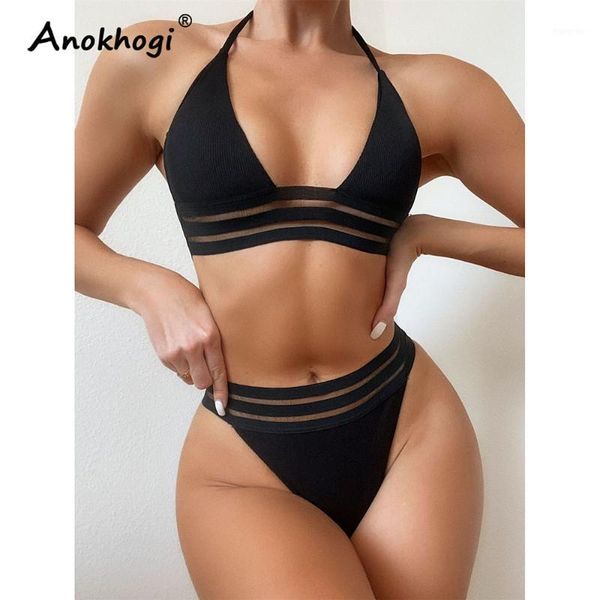 

women's swimwear anokhogi mesh patchwork striped black women bikini padded halter tied female bikinis set lm128, White;black