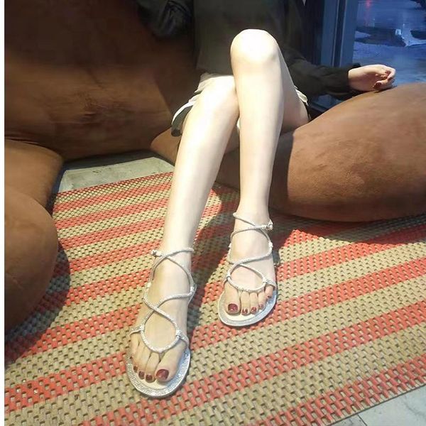 

sandals women's 2021 summer flat bottom foot strap holiday elegant roman rhinestone student woman shoes, Black