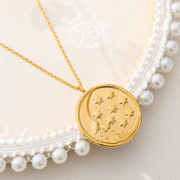 

vintage stainless steel gold moon and stars necklace for women 2021 fashion boho collares mujer engraved choker female pendant necklaces, Silver
