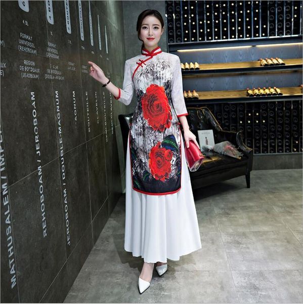 

new fresh student ao dai vietnamese cheongsam elegant lady dress asian china korea japan vietnam traditional thin chiffon dress, Red