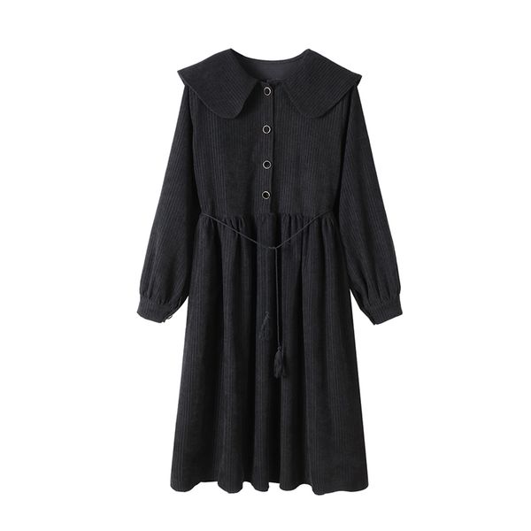 Negro Sailor Collar Spruff Sleeve Longo Mid Midi Dress Elegante Outono Vintage Vintage Soloro Sólido D1694 210514