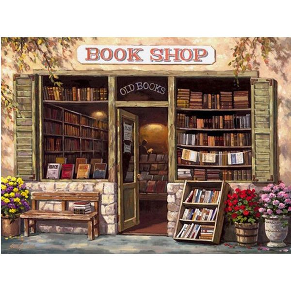 

diamond painting homhol 100% full 5d diy bookstore scenery embroidery rhinestones cross stitch home decor