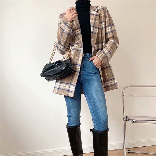 

autumn and winter women's jacket casual plaid double-breasted pocket decorative 210430, White