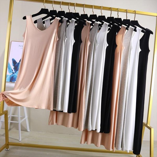 

summer fashion modal full women tanks slip dress spaghetti strap vest 80 to 120cm long under ladies casual dresses, White
