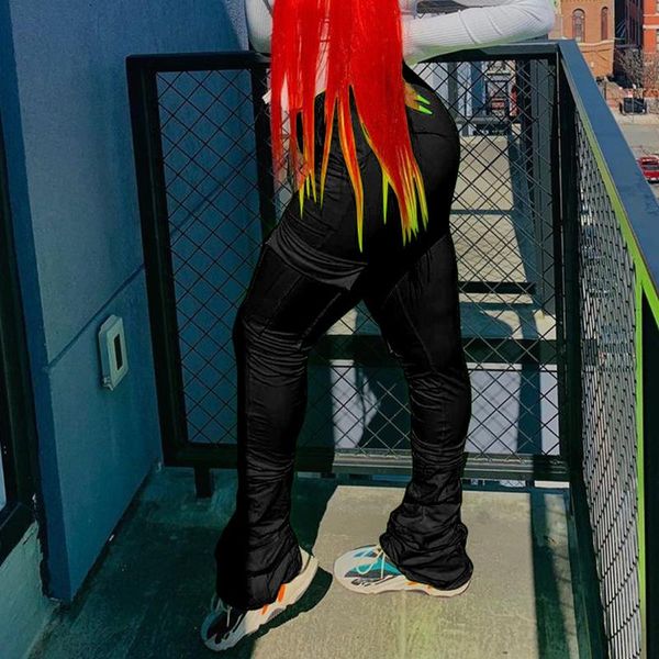 

women's pants & capris 2021 flare cargo women high waist pockets ruched pleated stacked leggings trousers pant sweatpants bottom trouse, Black;white