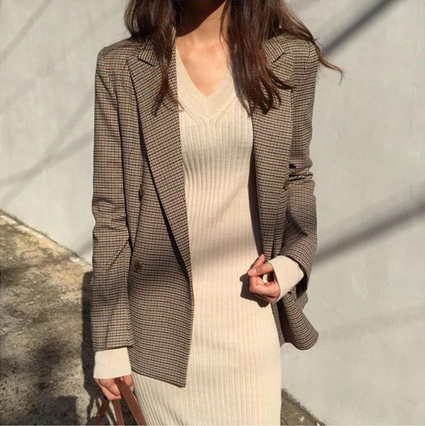

women's suits & blazers women plaid blazer vintage ladies double breasted office long loose jacket houndstooth suit coat female, White;black
