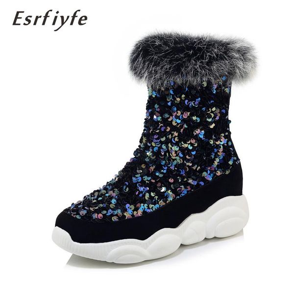 

boots esrfiyfe 2021 women shoes black ankle for zapatos de mujer winter flock slim warm push platform