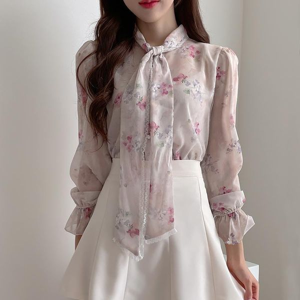

women's blouses & shirts sweet floral printed chiffon single-breasted women shirt patchowkr lace blouse flared sleeve bow tie casual o, White