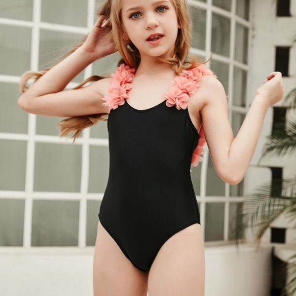 

2-14 years flower toddler children and teen girls one piece swimsuits black monokini swimwear beach bathing suit one-piece suits