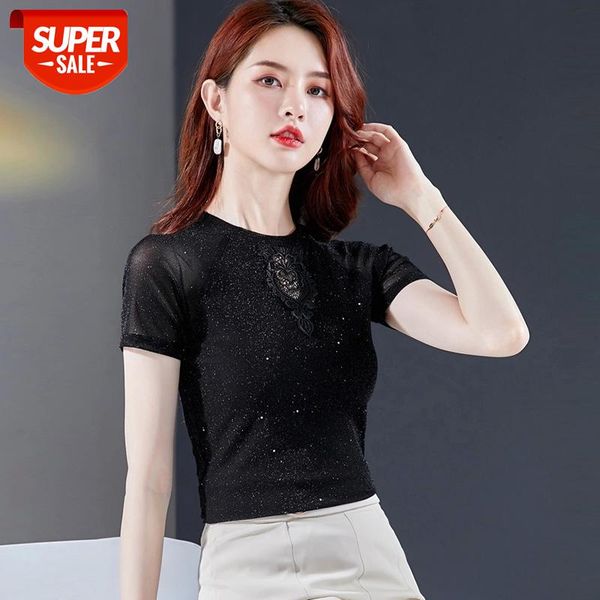 

aossviao mesh short sleeve hollow out black lace blouse women summer 2021 slim shirt female korean fashion woman clothes #qe5t, White