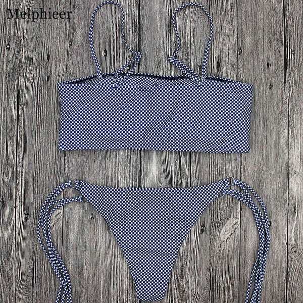 

girls new bikini bandeau bikinis set women adjust swimsuit beachwear biquini plaid swimwear vintage bathing suit swim wearing
