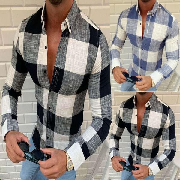 

men's casual shirts fashion plaid men long sleeve lapel blouse cotton linen comfy daily drop, White;black