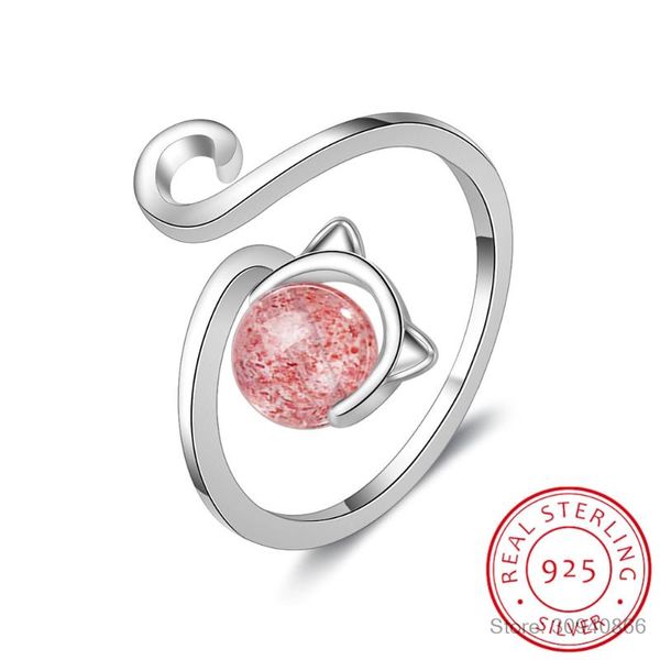 

cluster rings 100% 925 solid real sterling silver fashion cat strawberry crystal opening ring sizable for teen girl kid xmas gift ds977, Golden;silver