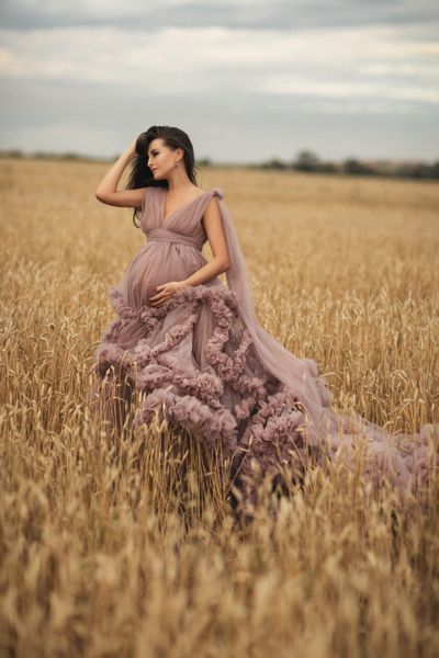 Vestido de maternidade de tule fofo com longo decote em v e nó de bow-knot, adequado para fotografia de banquete