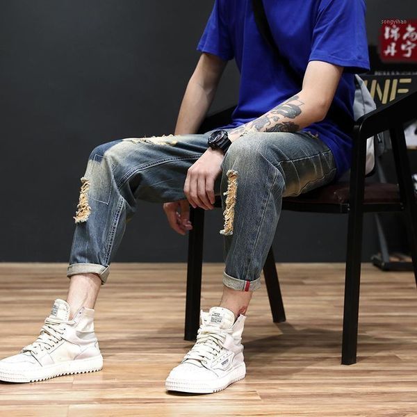 

men's pants summer holed 9-point jeans loose harem japanese retro large fat beggar fashion, Black