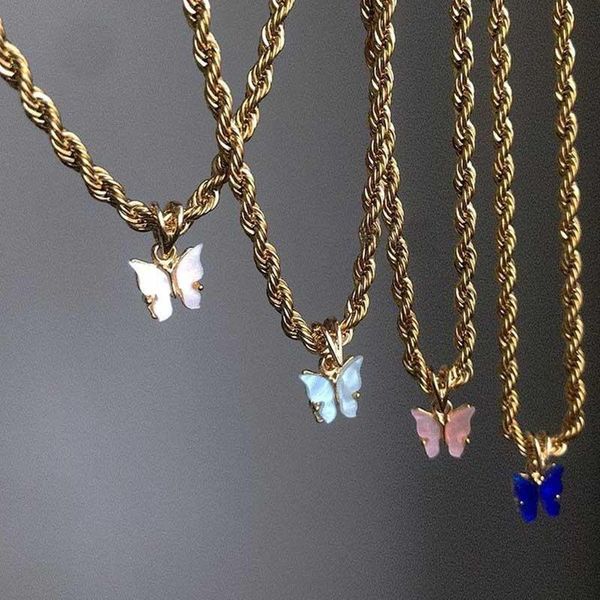 

chains punki trend personality twist chain necklace simple and cute color acrylic butterfly pendant female jewelry gift, Silver