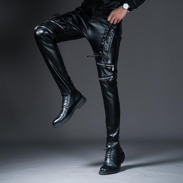 

men's pants winter spring skinny leather fashion faux trousers for male trouser stage club wear biker, Black