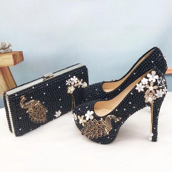 

dress shoes 2021 women peacock black pearl party with bag bride 8cm wedding lady round toe thin heel big size high