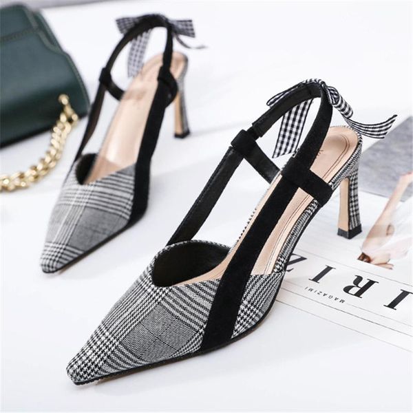 

women's shoes 2021 summer small pointed toe plaid fashion high-heeled sandals bow all-match almond women, Black