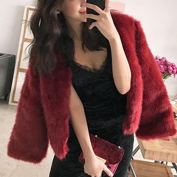 

women's fur & faux korean fashion coat woman winter short black white slim long sleeve imitation overcoat artificial jacket