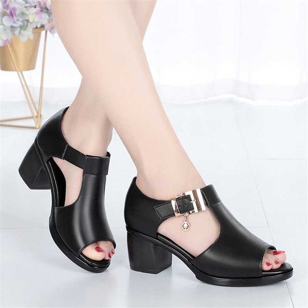 

2021 women sandals summer hing heel fashion fish mouth hollow roman sandals thick with beaded high heels female sandals y0721, Black