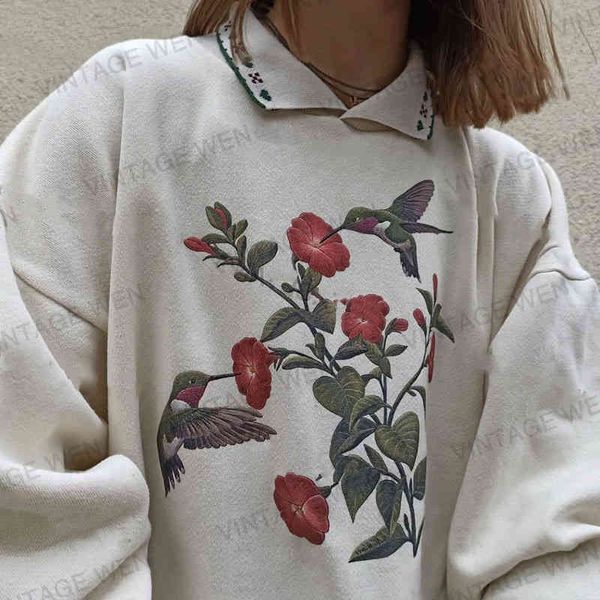 

vintage women hoodies sweatshirt autumn polo neck long sleev floral butterfly print pullover loose oversized streewear, Black