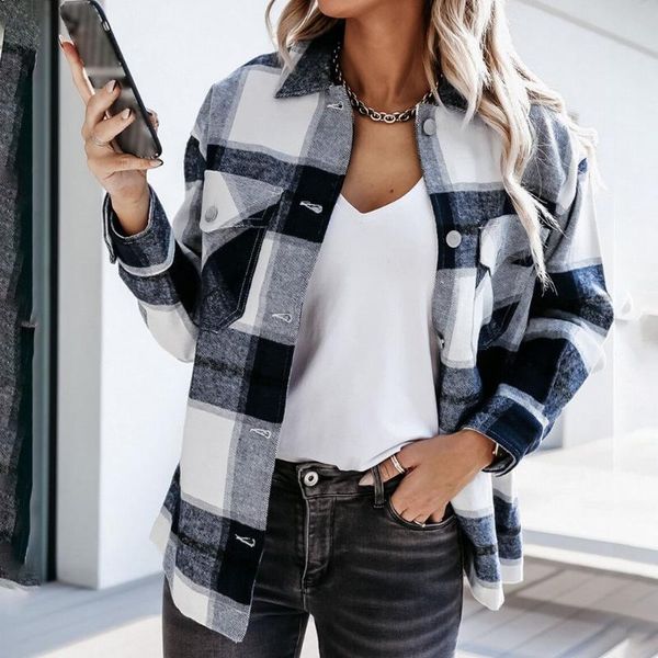 

women's jackets women plaid shirt fashion turn-down collar overcoat autumn oversized jacket loose coat streetwear female outwear, Black;brown