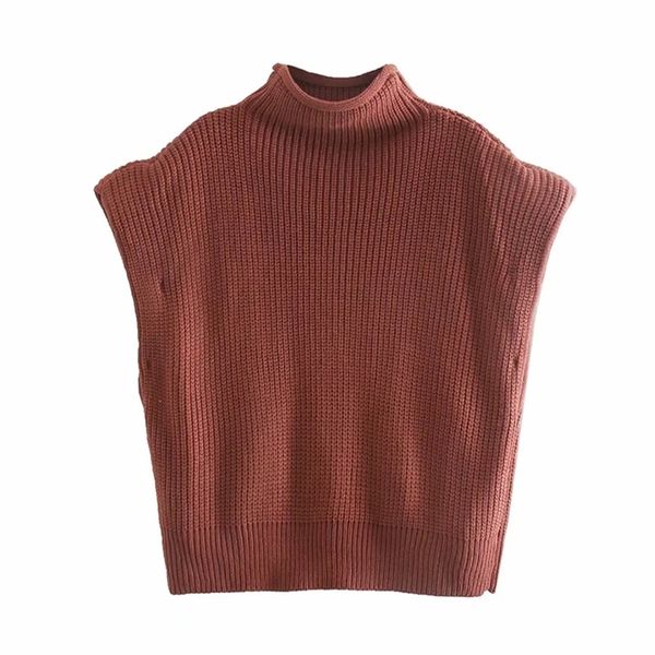 

women high street shoulder padded design solid short knitting sweater female chic sleeveles casual pullovers 210531, Black;brown
