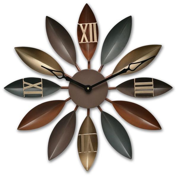 

wall clocks retro industrial style loft wrought iron leaf clock living room creative mute decoration