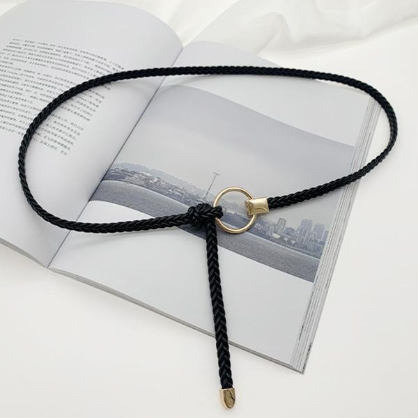 

belts pu leather thin belt women's wild decoration sweater retro fashion ins wind ring knotted, Black;brown
