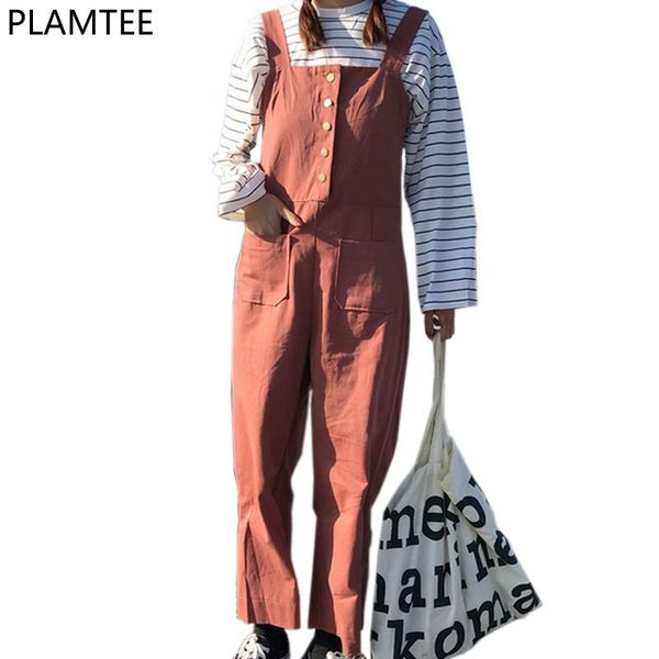 

women's jumpsuits & rompers plamtee women solid jumpsuit preppy style single breasted overalls kpop loose romper autumn winter strap bo, Black;white