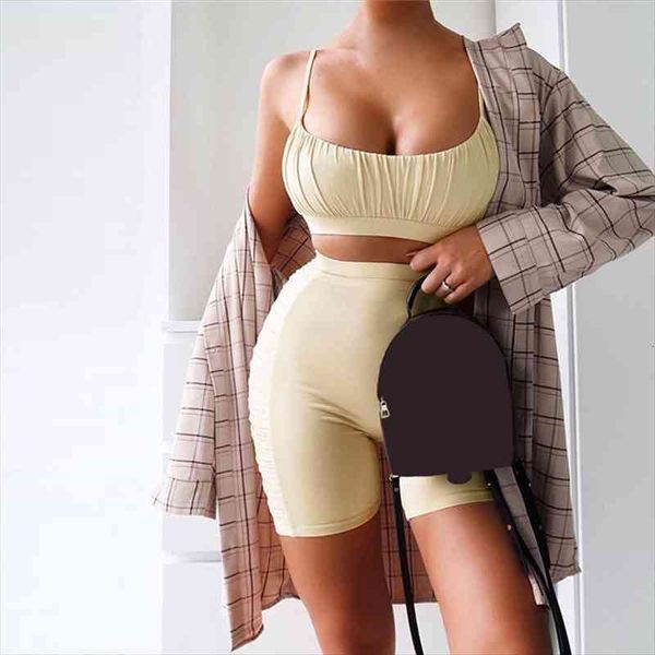 

women summer two piece set sport crop ruched spaghetti strap and pants biker shorts casual black sleeveless workout, Gray